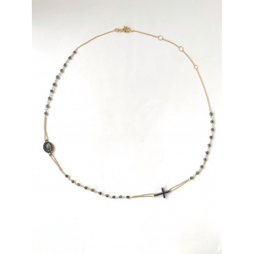 Collana Rosario catena gialla e grani neri